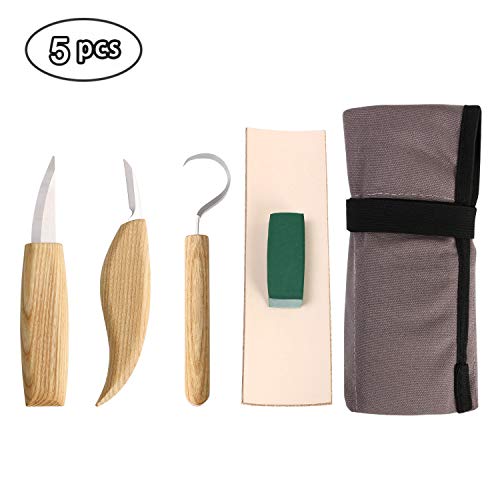 flintronic Schnitzmesser, 5PCS Holz-Schnitzwerkzeug, Holzschnitzerei Haken Messer Rechtshänder Löffel Schnitzwerkzeuge Grundlegendes gekrümmtes Messer für Schnitzlöffel Schalen und Tassen