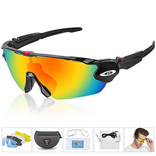 Alviller Fahrradbrille Polarisierte Sonnenbrille, UV400-Schutz Sportbrille für Herren und Damen, Radbrille mit 5 Wechselobjektiven und Etui für Radsports, Baseball, Laufen Sportsonnenbrille