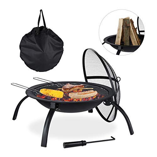 Relaxdays XL Feuerschale, mit Tasche, Grill Rost, Schürhaken, Funkenschutz Deckel, Garten, Terrasse, D 56,5 cm, schwarz