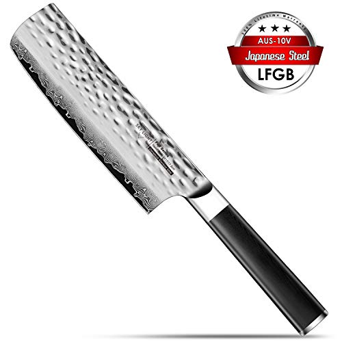 SKY LIGHT Damastmesser Japanisch Kochmesser Küchenmesser Profi Nakiri Premium Damaskus Messer Scharf Klinge 18cm Hackmesser Nakirimesser aus Japanischem VG-10 Hohem Kohlenstoffgehalt Edelstahl
