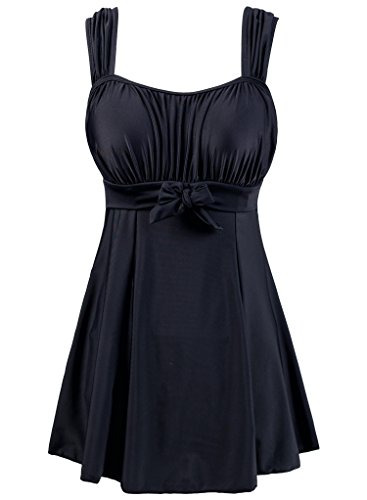 Wantdo Damen Figurformend Einteiler Badeanzug Schwimmkleid Retro Raffung Bademode Große Schwarz 40-42