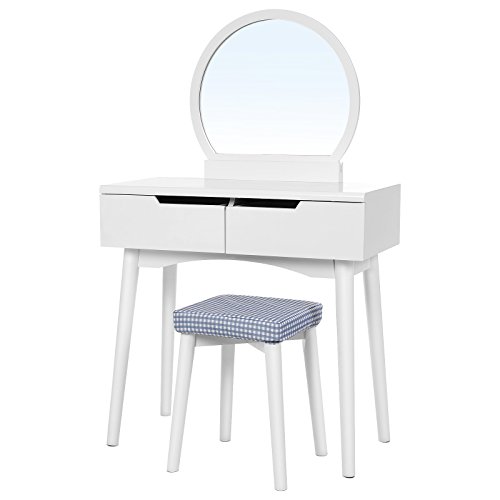 Songmics Modern Schminktisch 'Sunflower',2 groB schubladen mit Schienen,Kosmetiktisch mit rundem Spiegel und Hocker, frisiertisch Frisierkommode weiß RDT11W