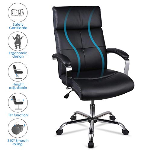 INTEY Bürostuhl, Chefsessel mit Einstellbarer Rückenlehne, Design PU Bürosessel, Höhe und Neigungswinkel verstellbar, Ergonomischer Schreibtischstuhl mit Armlehne, 120kg belastbar für Office, schwarz