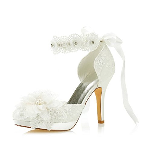 Mrs Right 3703L Damen Brautschuhe Closed Toe Stöckelabsatz Spitze Satin Plateau Pumps Satin Blumenband Krawatte Hochzeitsschuhe Farbe Elfenbein,Größe 35 EU