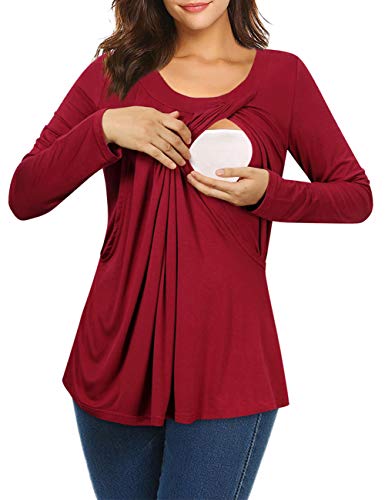 KOJOOIN/YesFashion Damen Stillshirt Umstandsshirt Umstandsmode Umstandstop Mama Schwangerschaft Kleidung Langarmshirt Lagendesign Wickeln-Schicht