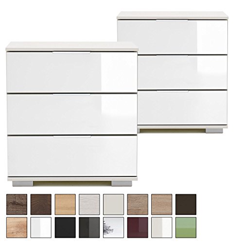 Nachtschrank NIGO auch für Boxspringbett geeignet ( Höhe 58 cm ), Nachtkommode, Holz (MDF) oder Glas, BxHxT: 52 x 58 x 38 cm, 3 Schubladen, Made in Germany, Glas Weiss, Weiss 2 Stück