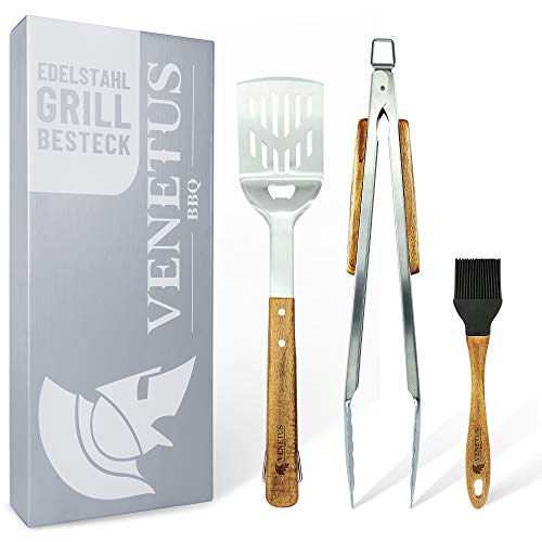 VENETUS-BBQ Grillbesteck extra lang aus edlem Akazienholz | Premium Grillzubehör 3 teilig: Grillzange, Grillwender und Grillpinsel | Ideales Grill-Geschenk für Männer