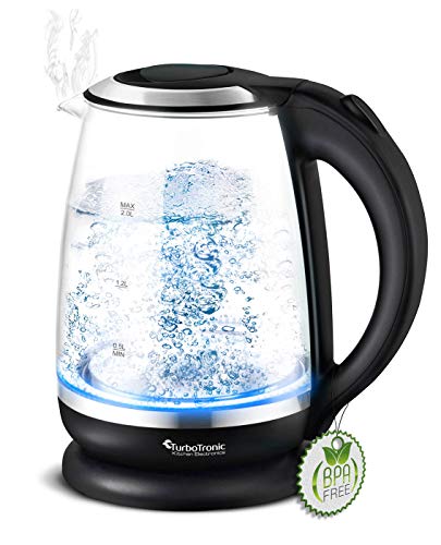 TurboTronic Glas Wasserkocher 2 Liter mit Kalkfilter und LED Beleuchtung Blau (innen) BPA Frei, Leistung: 2200 Watt
