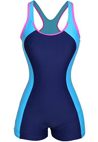 CROSS1946 Damen Figurformend Color-Block Sport Bademode Badeanzug Blau-3 X-Large