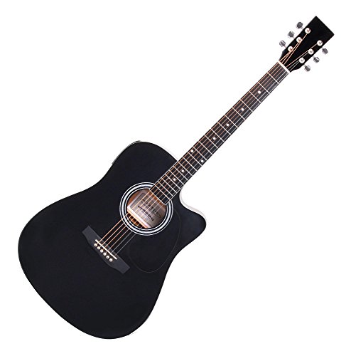 Classic Cantabile WS-10BK-CE Westerngitarre mit Tonabnehmer (Akustik und verstärkt, Dreadnought, Cutaway, 3-Band EQ + Presence, Stimmgerät Tuner mit LCD, XLR und Klinke) schwarz Hochglanz