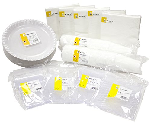 HEKU 30003-02 Premium-Einweg-Set, bestehend aus - 100 Pappteller, 100 Messer, 100 Gabeln, 100 Servietten 3-lagig, 100 Becher 0,2 L