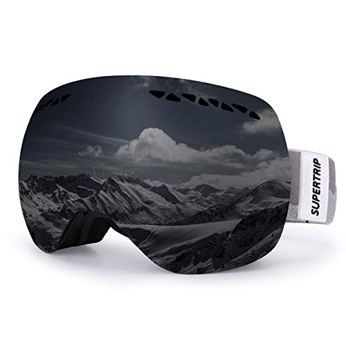 Supertrip Skibrille Damen Herren Snowboardbrille OTG verspiegelt Ski-Schutzbrillen 100% UV400 Schutz für Brillenträger Antifog (Schwarz (VLT 13%))