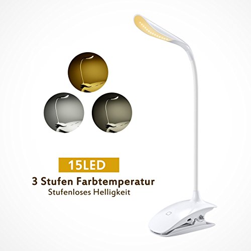 LED Klemmleuchte, TOPELEK 15 LED dimmbare Leselampe mit Berührungssensor, Schreibtischlampe Klemmlampe LED-Clip-on Buchlampe mit Stufenloses Helligkeit und 3-Stufen Farbtemperatur, 360 ° flexibler Schwanenhals,Augenschutz Arbeitsplatzleuchten, USB aufladbare und berührungsempfindliche Schalter, Lampe zum Studieren und Arbeite.