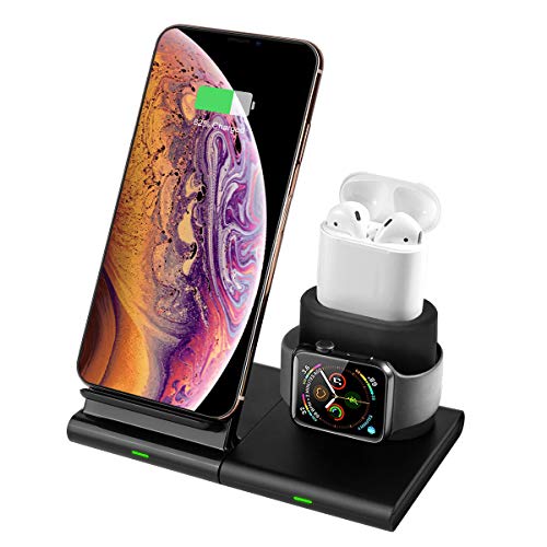 Hoidokly Qi Wireless Charger Ladeständer, 3 in 1 Fast Kabelloses Ladegerät Induktive Ladestation Kompatibel mit Apple Watch Series 1/2/3/4, AirPods, iPhone 11/11 Pro/11 Pro Max/XS/Xs Max/XR/X/8/8 Plus