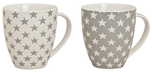 XXL Jumbo Tassen 2er SET, 600 ml, Sterne, Kaffeetassen, Henkelbecher, Henkeltassen aus Porzellan (weiß/grau Sterne)