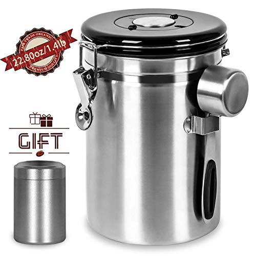 Shayson Große Vakuum Kaffeedose Teedose, 1800ml Luftdichter Kaffeebehälter aus Edelstahl für 635g/22.8oz Kaffeebohnen, Tee,Kaffee Vorratsdose mit 30 ml Messlöffel und 70 ml Mini-Reiseglas