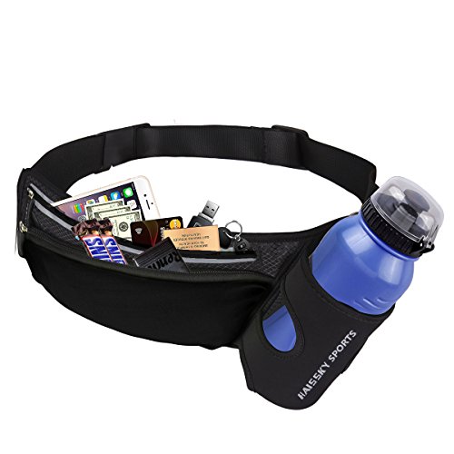 Sport Trinkgürtel Mit Wasserflaschenhalter, Haissky Bauchtasche Gürteltasche Hüfttasche alle Handys unter 6 Zoll Pockets Waistpacks Outdoors für Fitness Radfahren Wandern Walking Männer und Frauen (schwarz)