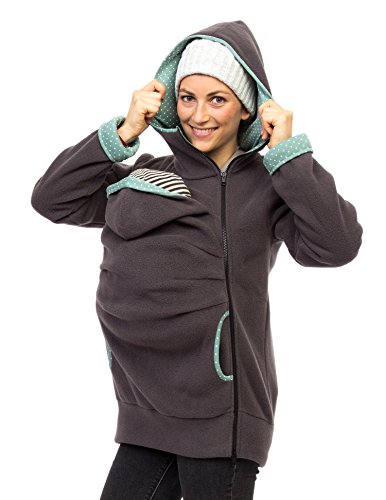 Viva la Mama I Tragejacke für Mama und Baby Kängurujacke Fleecejacke Umstandsmode Kapuzenjacke mit Tragefunktion AHOI anthrazit-Punkte mint - M
