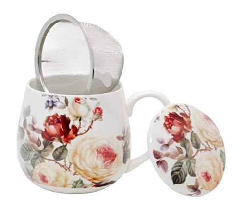 Duo Tee-Tasse Teebecher Set mit Teesieb Edelstahl und Deckel Porzellan Teetasse bauchig mit Sieb Geschenk-Tasse Blumen Cup with Tea Infuser 400 ml 3teilig in Geschenkbox Becher Kräuter-Teetasse Zahra