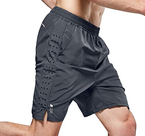 LOHOTEK 7-Zoll-Laufshorts für Herren Atmungsaktive und schnell trocknende hochelastische Fitnessshorts aus leichtem Mesh mit Futter Rückentaschen für Fitness und Laufen (Grau, XXL)