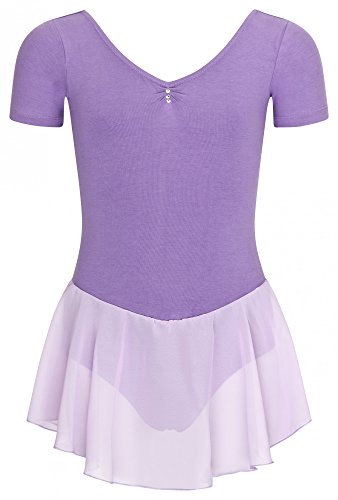tanzmuster Kurzarm Ballettanzug / Balletttrikot 'Betty' mit luftigem Chiffon Röckchen. Süßes Ballettkleid mit Glitzersteinchen in rosa, Größe:116/122