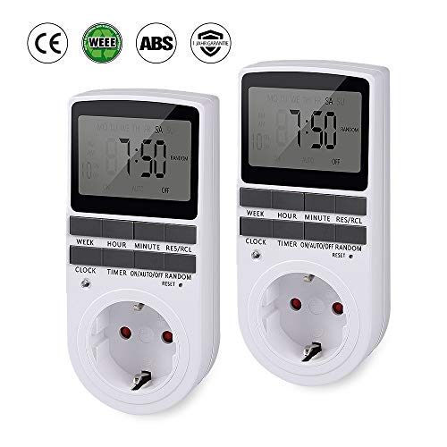 Zeitschaltuhr Digital mit LCD-Display |infinitoo Digitale Elektrische Zeitschaltuhr Steckdose | 3680W | 10 konfigurierbare Programme |LED-Statusanzeige |Zufallsschaltung |12/24h-Modus (2er Sets) (2er)