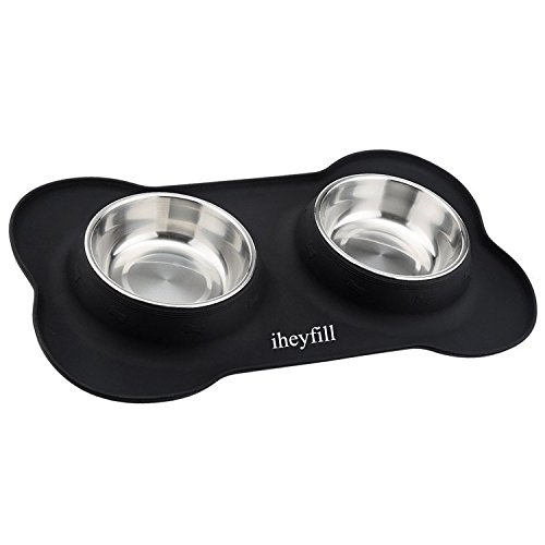 Hundenapf Fressnapf katzenapf, 2 x 360 ml edelstahl Doppel Napf schalen mit nicht kleckern rutschfesten silikon tablett matte reisen schüssel haustier lebensmittel wassernapf
