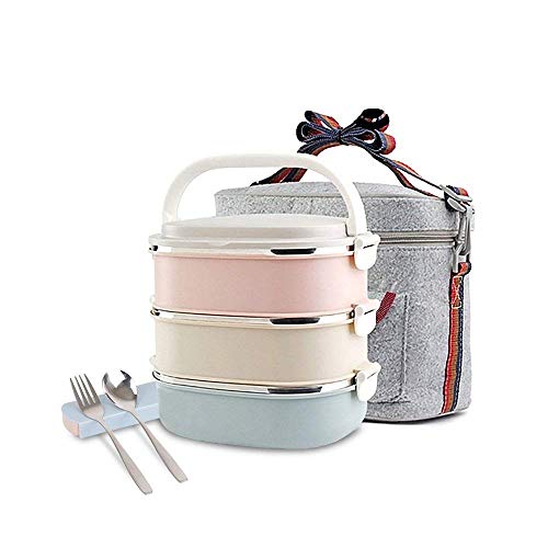 Lunchbox Edelstahl-Quadrat Snackbox mit 3 Unterteilungen Frischhaltedosenset Aufbewahrungsboxen,abbaubar und auslaufsicher, lange Haltung von Wärme/Kälte mit Löffel Essstäbchen und Lunchtasche