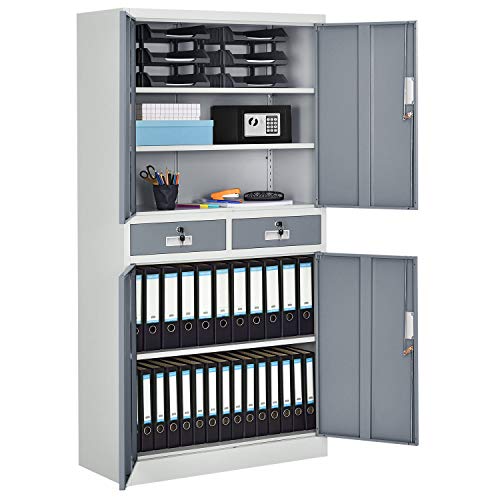 Juskys Metall Aktenschrank Office mit 4 Türen & 2 Schubladen | 180 x 90 cm | abschließbar | 2 Schlüssel | weiß - grau | Büroschrank Lagerschrank