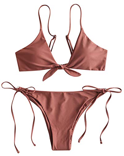 ZAFUL Bikini Set Geknotete Bikinis mit Spaghettiträger Triangel Einfarbiges Badeanzug Bikini-Set Swimsuit Beachwear Swimwear Bademode Dunkel RosaSmall