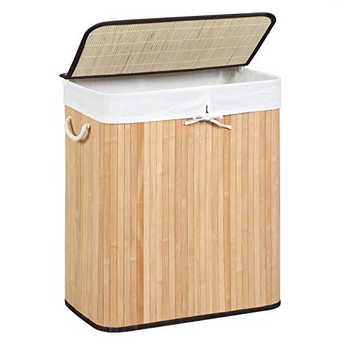 SONGMICS Wäschekorb 100 L, Wäschesammler aus Bambus, Wäschetruhe mit Griffen, Deckel mit Clips, faltbar, Wäschesack herausnehmbar, naturfarben LCB71Y