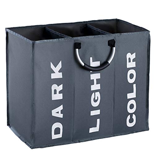 IHOMAGIC Wäschesortierer 3 Fächer Faltbarer Wäschekorb Sortierer Hell Dunkel Wäschesammler 3 Fach Braun Kinderzimmer Kinder Baby Wäschebox Wäschesack Wäschetasche Groß 80L 60x32x49cm, Dunkelgrau