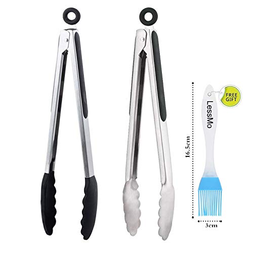 LessMo Grillzange aus Edelstahl und Silikon (2er Set - 30cm)| Grill-Zubehör, Küchenzange, Wurstzange, Servierzange | Küchenutensilien mit Sicherungsclip | Küchenaccessoires mit Garantie