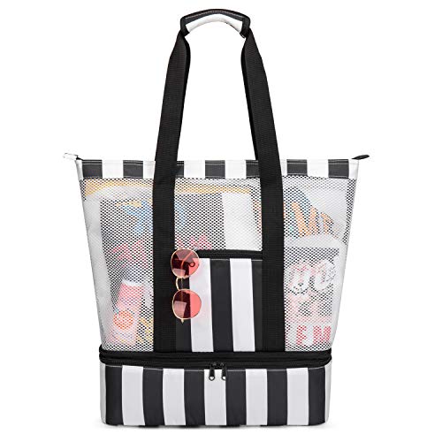 Strandtasche Groß mit Kühlfach Reißverschluss Sommer Tasche für Strand Urlaub Reise Picknick Shopper von Bertasche (Schwarz/Weiß)