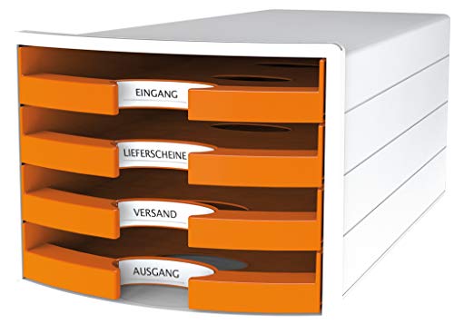 HAN Schubladenbox IMPULS 1013-51 in orange/Weiß/ Stapelbare Sortierablage mit 4 großen, offenen Schubladen für DIN A4/C4/ inkl. Beschriftungsschilder Trend Colour orange