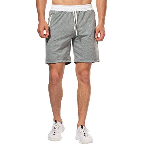 CHYU Herren Sport Joggen und Training Shorts Fitness Kurze Hose Jogging Hose Bermuda Reißverschlusstasch (XL, Hellgrau)