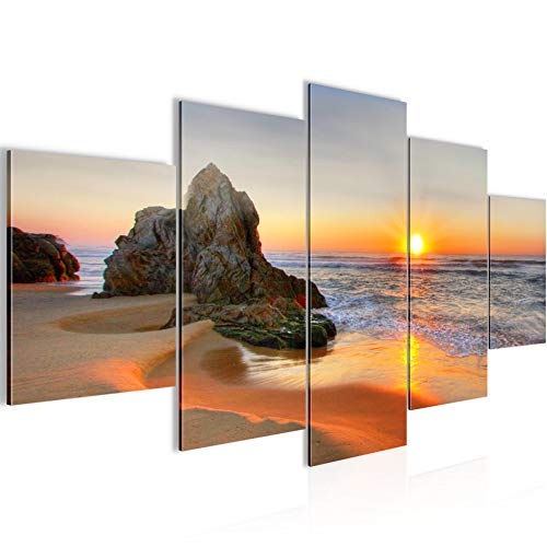 Bilder Sonnenaufgang Strand Wandbild 200 x 100 cm Vlies - Leinwand Bild XXL Format Wandbilder Wohnzimmer Wohnung Deko Kunstdrucke Orang 5 Teilig - MADE IN GERMANY - Fertig zum Aufhängen 609551a