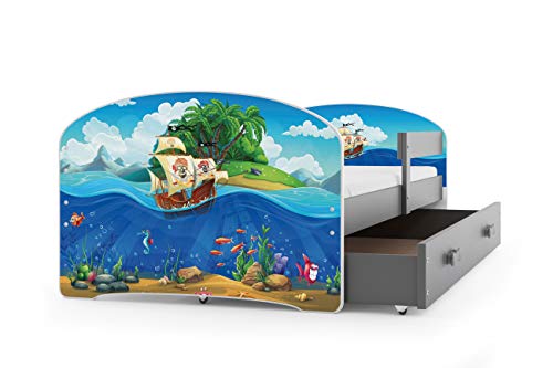 Kinderbett LUKI, Farbe: Grau 160x80cm, mit Matratze, Lattenrost und Schublade (PIRATEN)