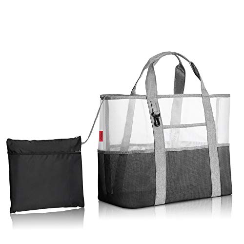 Große Mesh Strandtasche, mit Kordelzug Tasche Karabiner , Sand Spielzeug Wasserspielzeug Aufbewahrungstasche, Beach Bag Tote Faltbare Weiche Shopping Umhängetasche, für Badetasche für Familie Urlaub