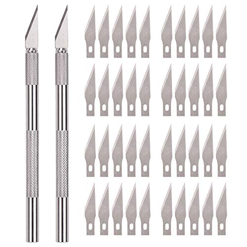 SAVITA Bastelmesser Skalpell Set Metall Federmesser Kleines Handwerkliches Hobbymesser Set mit 2stk Griffen und 40stk Ersatzklingen für Gravur und Herstellung von Kunstwerken