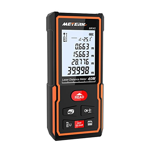 Laser Entfernungsmesser, Meterk Distanzmessgerät Messbereich: 0,05-40m Genauigkeit:±2 mm mit M/In/Ft Datenspeicherfunktion LCD Display Hintergrundbeleuchtung Elektronische Ebene