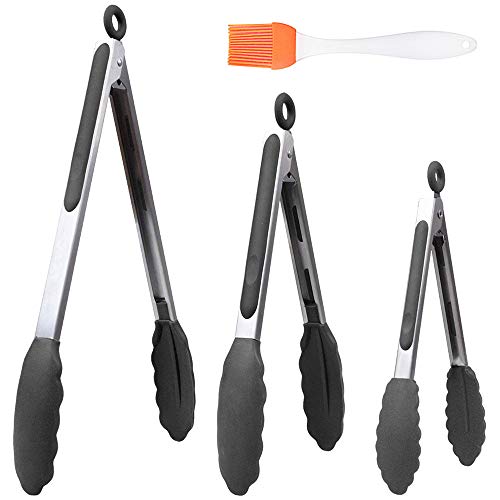 HENSHOW Zange Küche Set 3, 7', 9' und 12' Premium Edelstahl Grill Zange, Antihaft- und Hitzebeständiger Griff, Grillzange Silikon zum Kochen, Servieren, Grillen, Buffet, Salat, Eis Ofen