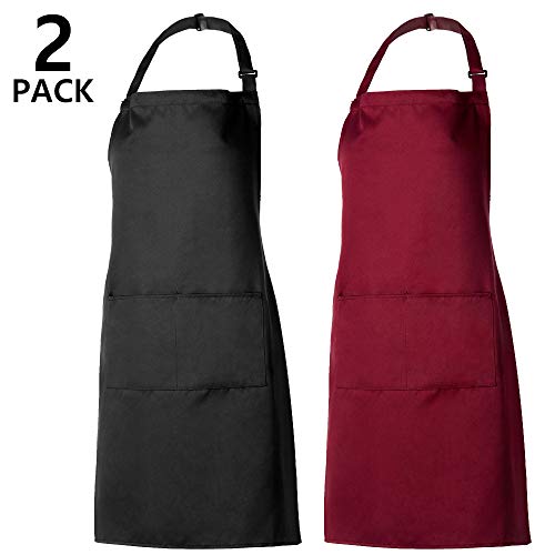 PAMIYO Schürze Kochschürze 2 Pack Küchenschürze verstellbare Schürzen mit 2 Taschen für Küche Garten BBQ Chef Kellner Bäcker (Schwarz + Rot)