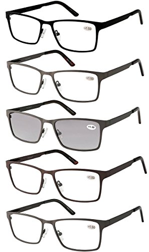 Amcedar 5 Stuks Lesebrille Herren Rechteck Rahmen Edelstahl Material Metall Federscharniere Enthalten Sonne Lesebrille +2.00