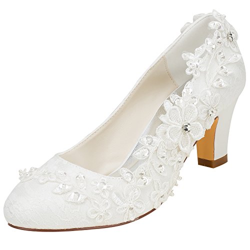 Emily Bridal Brautschuhe Frauen Seide wie Satin Stämmiger Absatz Absatzschuhe mit Stich Spitzen Blume Kristall Perle (EU37, Elfenbein)
