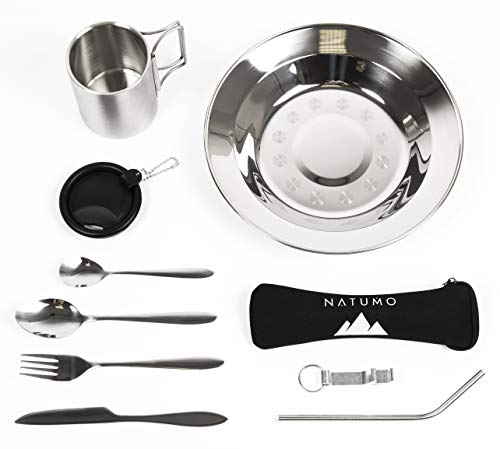 NATUMO Campingbesteck aus Edelstahl I Camping Geschirr Set leichte Reinigung I Reisebesteck, Outdoor Geschirr Camping Set, Festival Survival Kit + GRATIS Becher mit Deckel
