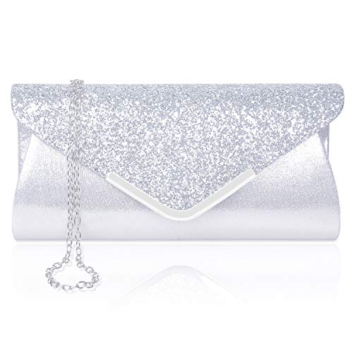 Larcenciel Damen Clutch Abendtasche Unterarmtasche Umhängetasche mit Strass-Steinen und abnehmbarer Kette in den Farben Silber Gold Altrosa(Silber)