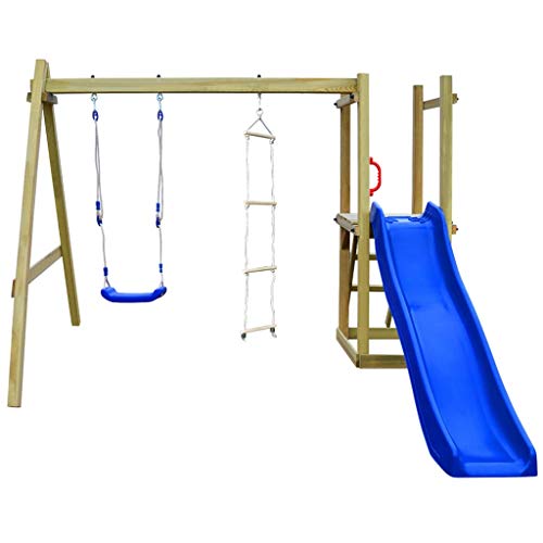 mewmewcat Spielturm mit Rutsche Leitern Schaukel | Garten Kletterturm | Spielplatz | Klettergerüst | Spielgerät | Grün Imprägniertes Kiefernholz 242×237×175 cm