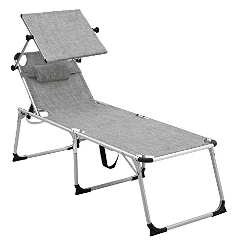 SONGMICS Sonnenliege, hoch, klappbar, Gartenliege mit abnehmbarem Kopfkissen und verstellbarem Sonnendach, aus rostfreiem Aluminium, atmungsaktiv, bis 250 kg belastbar GCB26TG