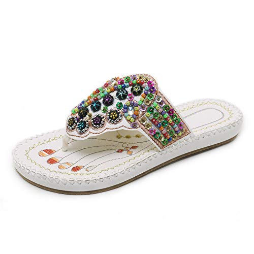 Magicrulu Damenslipper Flip-Flops Strandurlaub Küste Farbe Nagelperlen Bohemia White 40